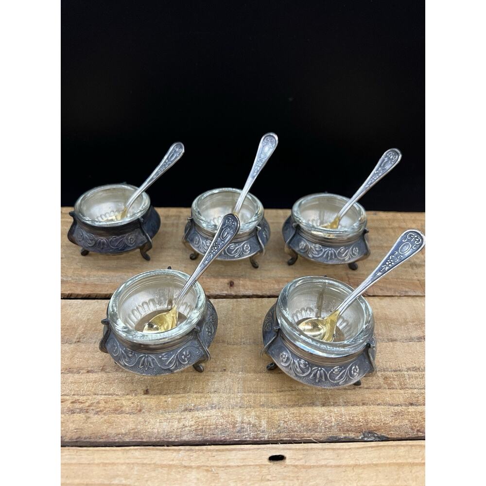Set Of 5 Vnt Silver Plate Russian Hommet Open Salt Cellar With Spoons